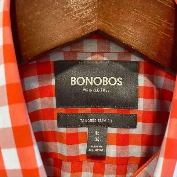 Bonobos wrinkle free tailored slim fit button down Shirt in red plaid mens 15/34 - Picture 4 of 8